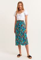 Bayan Çok Renkli Floral Desenli ve Yırtmaçlı Midi Etek