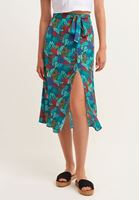 Bayan Çok Renkli Floral Desenli ve Yırtmaçlı Midi Etek