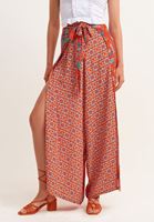Bayan Çok Renkli Beli Bağlamalı ve Yırtmaçlı Wide-Leg Pantolon