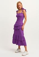 Bayan Mor Fırfırlı ve Gipeli Maxi Elbise