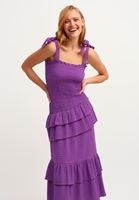 Bayan Mor Fırfırlı ve Gipeli Maxi Elbise