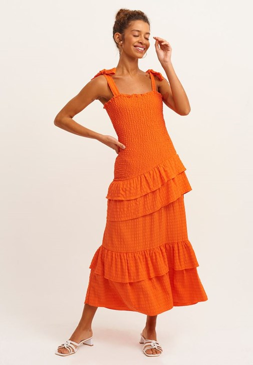 Turuncu Fırfırlı ve Gipeli Maxi Elbise