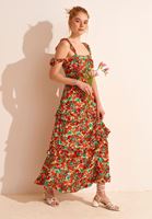 Bayan Çok Renkli Floral Desenli Uzun Elbise