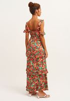 Bayan Çok Renkli Floral Desenli Uzun Elbise
