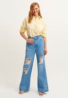 Bayan Sarı Pamuklu ve Yırtmaçlı Oversize Gömlek