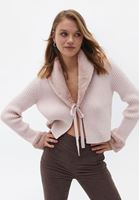 Bayan Pembe Kürk Detaylı Crop Hırka