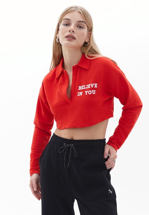 Kırmızı Polo Yaka Uzun Kollu Sweatshirt