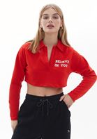 Bayan Kırmızı Polo Yaka Uzun Kollu Sweatshirt