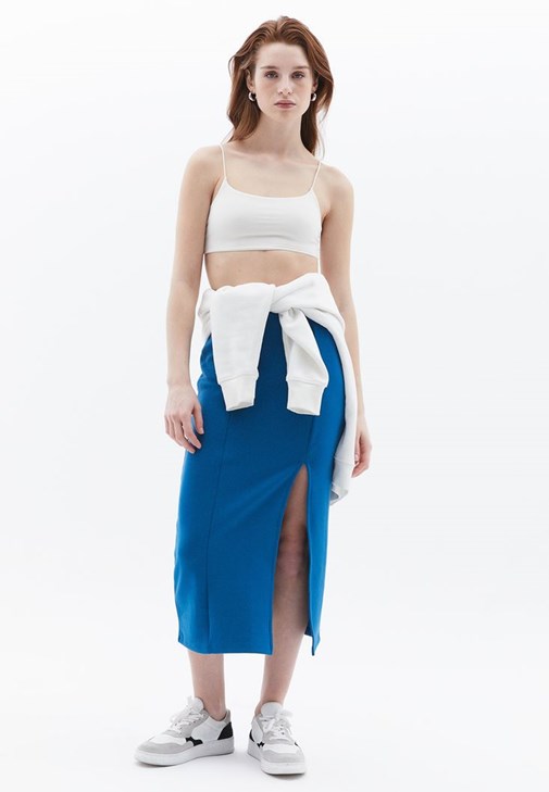 Lacivert Yırtmaçlı Sweat Midi Etek