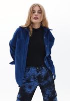 Bayan Lacivert Oversize Kadife Gömlek