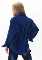 Bayan Lacivert Oversize Kadife Gömlek