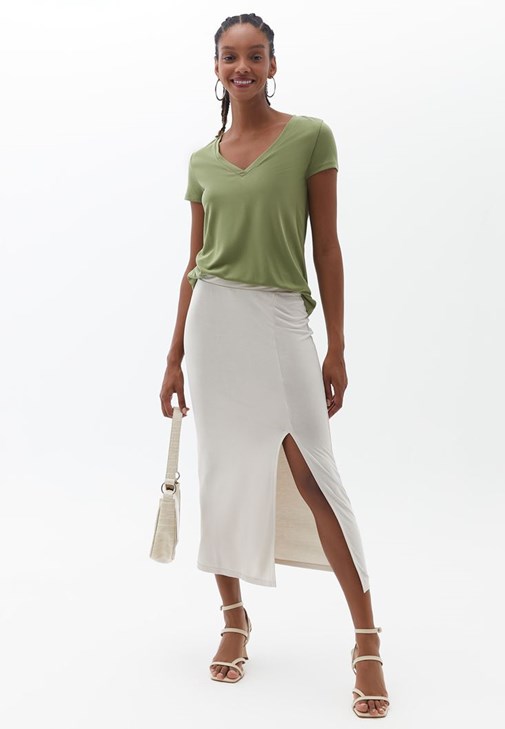 Açık Bej Yumuşak Dokulu Yırtmaçlı Midi Etek