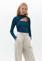 Bayan Mavi Yüksek Yaka Uzun Kollu Tişört