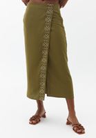 Bayan Yeşil Nakışlı Kruvaze Keten Etek