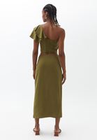 Bayan Yeşil Nakışlı Kruvaze Keten Etek