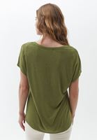 Bayan Yeşil Keten V Yaka Tişört