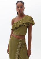 Bayan Yeşil Tek Omuzlu Crop Bluz