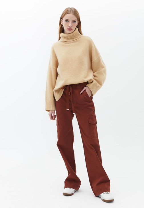 Kahverengi Orta Bel Pamuklu Kargo Pantolon