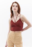 Bayan Bordo Nakış Detaylı ve Bağlamalı Crop Top