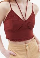 Bayan Bordo Nakış Detaylı ve Bağlamalı Crop Top