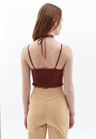 Bayan Bordo Nakış Detaylı ve Bağlamalı Crop Top