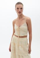 Bayan Bej Nakış Detaylı ve Bağlamalı Crop Top
