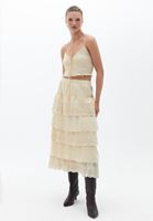 Bayan Bej Nakışlı Midi Etek