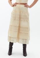 Bayan Bej Nakışlı Midi Etek