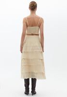 Bayan Bej Nakışlı Midi Etek