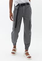 Bayan Gri Orta Bel Kemerli Jogger Pantolon