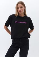 Bayan Siyah Baskılı Oversize Tişört