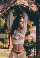 Bayan Krem Nakışlı Crop Bluz