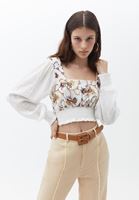 Bayan Krem Nakışlı Crop Bluz