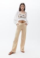 Bayan Krem Nakışlı Crop Bluz