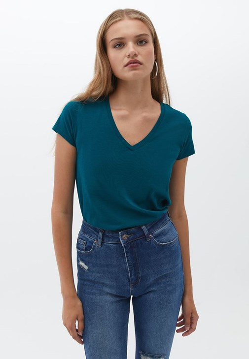 Mavi Pamuklu V Yaka Tişört