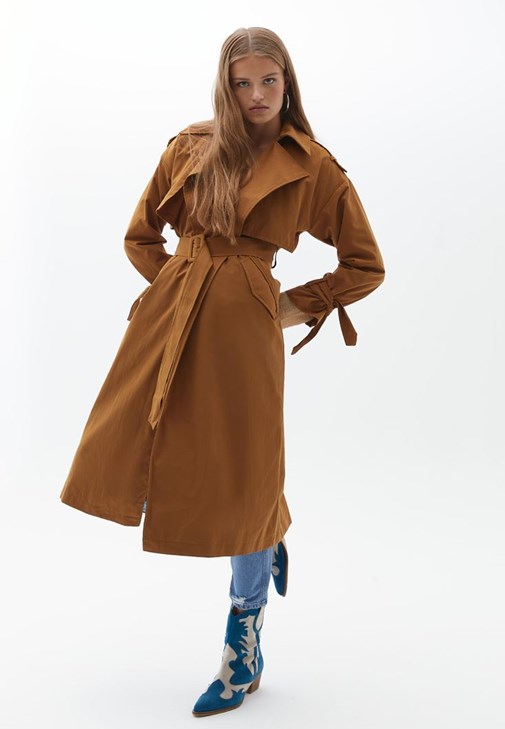 Kahverengi Kemerli Oversize Trençkot