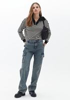 Bayan Bej Çizgili Loose-Fit Kazak