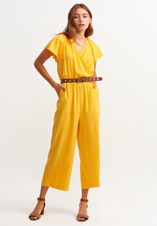 Sarı Kruvaze Culotte Tulum