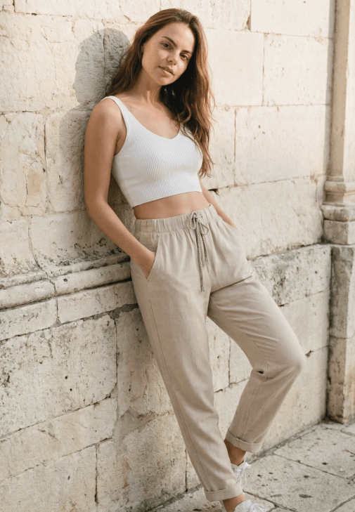 Bej Carrot-Fit Bağcıklı Pantolon