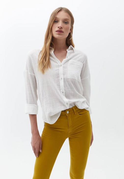 Krem Oversize Cepli Gömlek