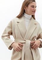 Bayan Bej Kuşaklı Oversize Kaban