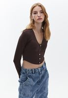 Bayan Kahverengi Düğme Detaylı Crop Bluz