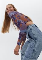 Bayan Çok Renkli Desenli Tül Crop Bluz