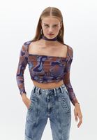 Bayan Çok Renkli Desenli Tül Crop Bluz