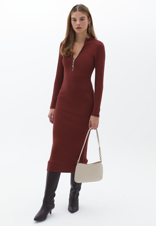 Kahverengi Fermuar Detaylı Midi Elbise