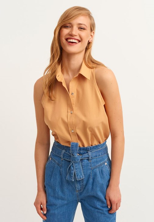 Kahverengi Halter Yaka Poplin Gömlek