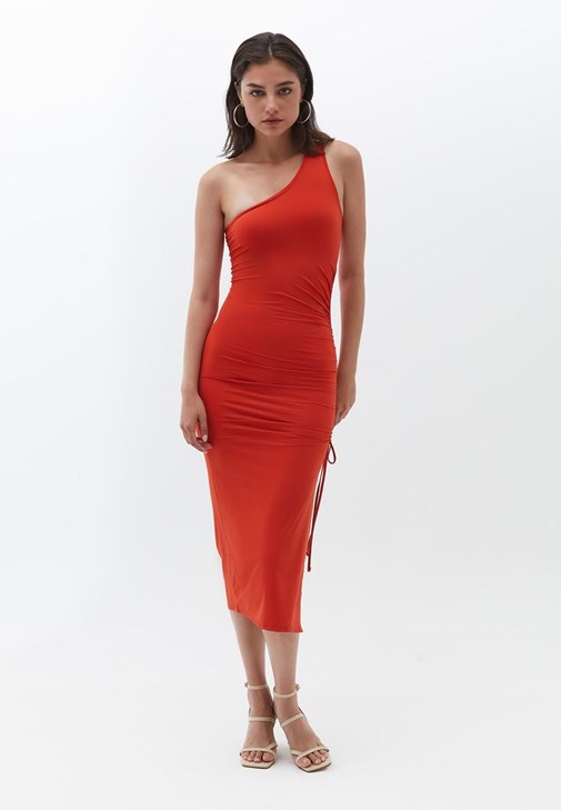 Turuncu Cut-Out Detaylı Uzun Elbise