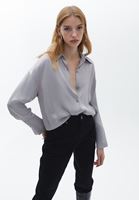 Bayan Gri Loose-Fit Saten Gömlek