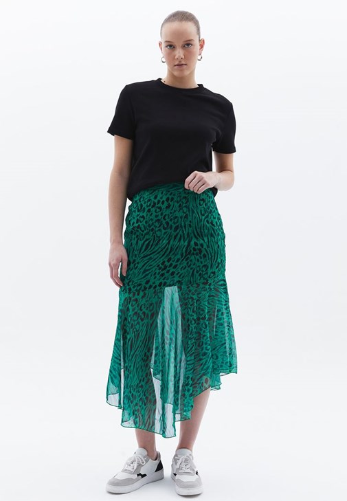 Çok Renkli Leopar Desenli Asimetrik Kesim Etek