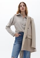 Bayan Bej Fermuarlı Dik Yaka Kazak